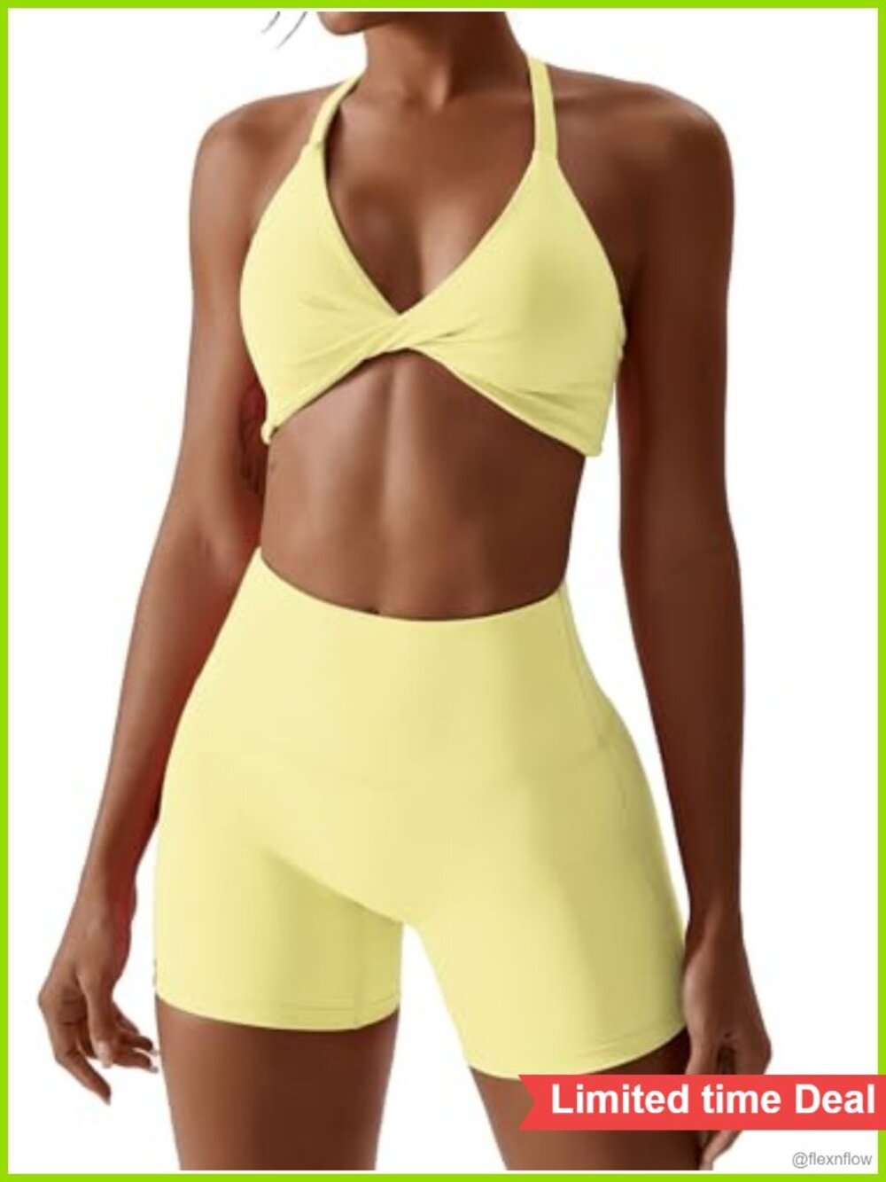 2 Piece Workout Set Twist Front Halter Sports Bra High Waist Biker Shorts Gym